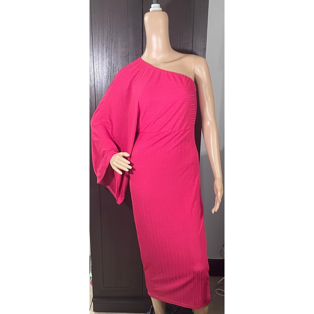 Pink Ribbed One Shoulder Midi Dress Long Sleeve Bodycon Cocktail Event Dress